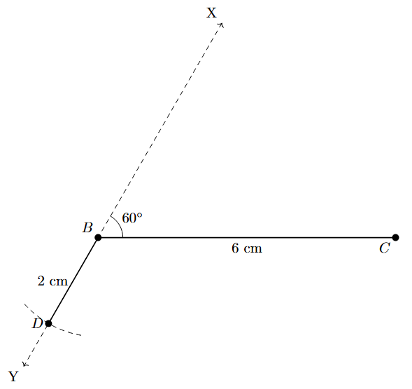 Step 3: Ray BX is extended backwards and a point D is marked such that BD = 2 cm.